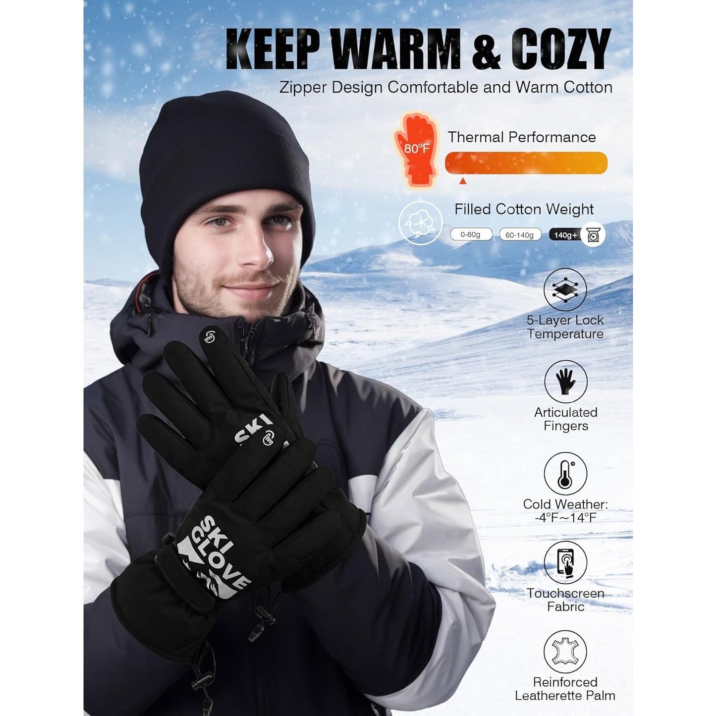 Black Full-Finger Winter Gloves with Touch-Panel Fingertips and Complete S, M, L and XL Size Options