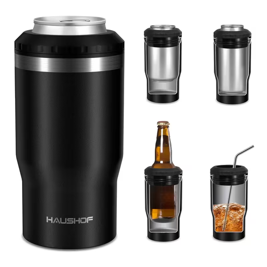 Can Cooler Insulated Stainless Steel 4-in-1 for 12 oz Standard Slim Can & Beer Bottle – Double Wall Sweat-Proof Beer Koozie for Camping