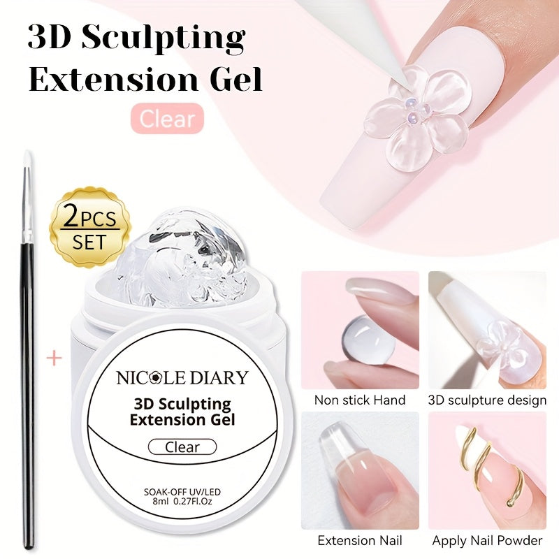 3D Sculpting Builder Gel Kit with Carving Pen – Clear & White Nail Extension Gel for Floral Nail Art, Acrylic Extensions & DIY Salon