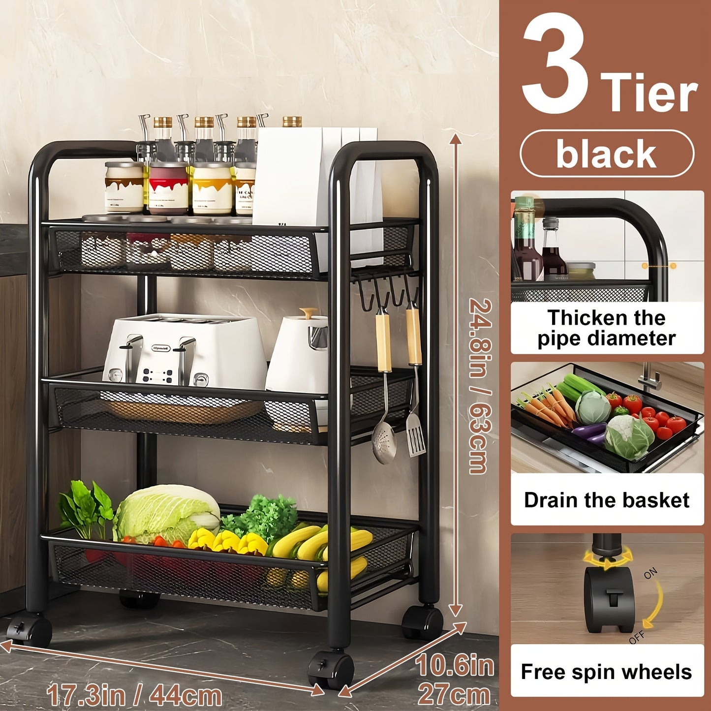 Rolling Storage Cart on Wheels – 3/4/5 Tier Carbon Steel Wire Basket Trolley, Black Metal Utility Cart for Kitchen, Bathroom, Bedroom