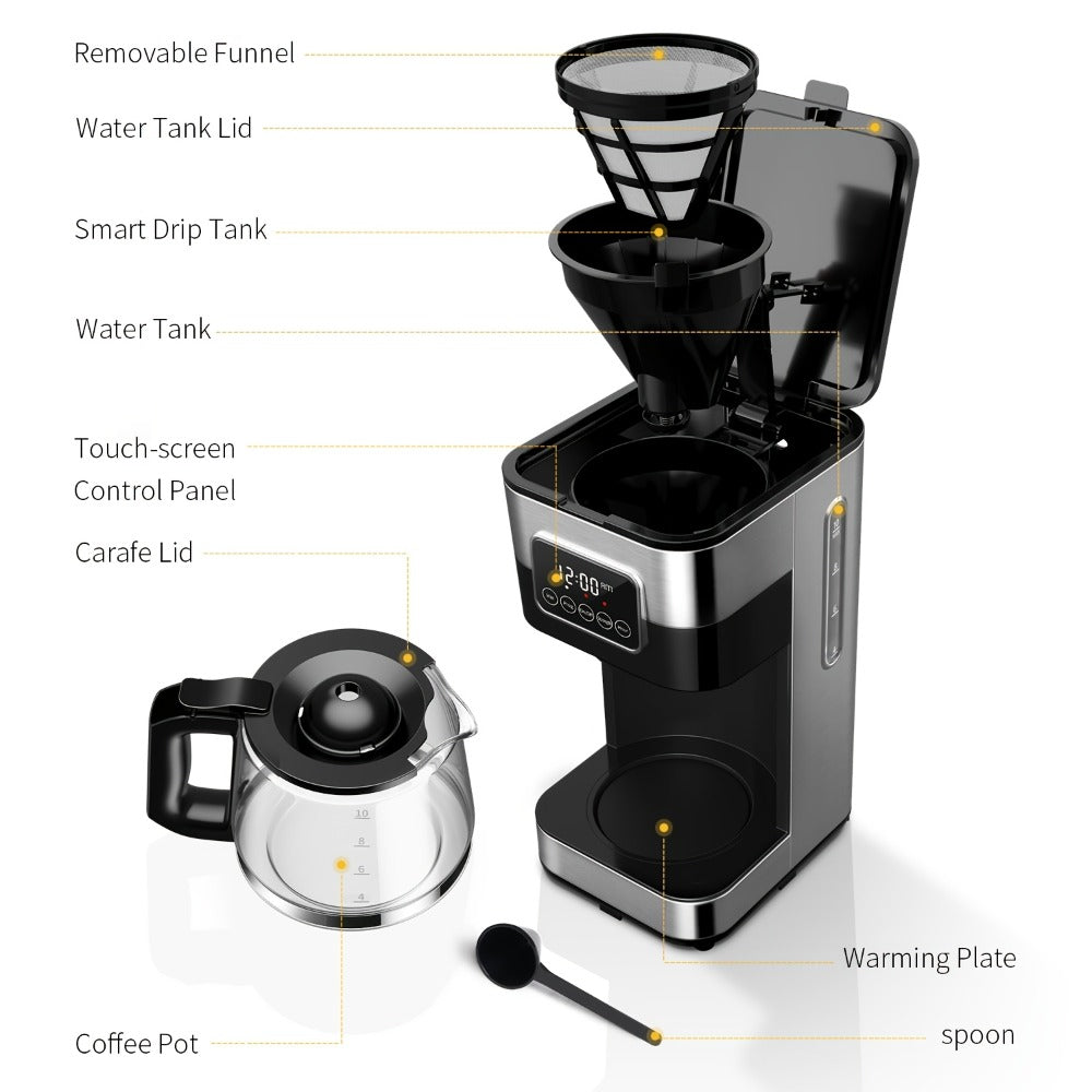 Programmable Drip Coffee Maker 10-Cup Touchscreen Pause and Serve Stainless Steel Carafe for Home Cooking, Dining and Outdoor Meals