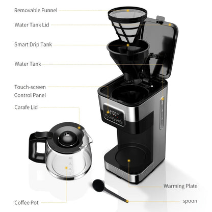 Programmable Drip Coffee Maker 10-Cup Touchscreen Pause and Serve Stainless Steel Carafe for Home Cooking, Dining and Outdoor Meals