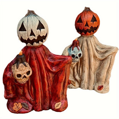 Halloween Pumpkin Wizard Resin Figurine 2-Pack, Spooky Desktop Ornament & Bookshelf Decor for Entryways, Bedrooms and Living Spaces