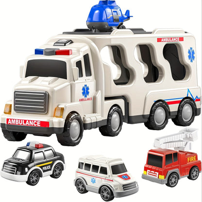 Ambulance Truck Toy Set for Boys, 5-in-1 Friction Power Carrier Truck with Lights & Sounds