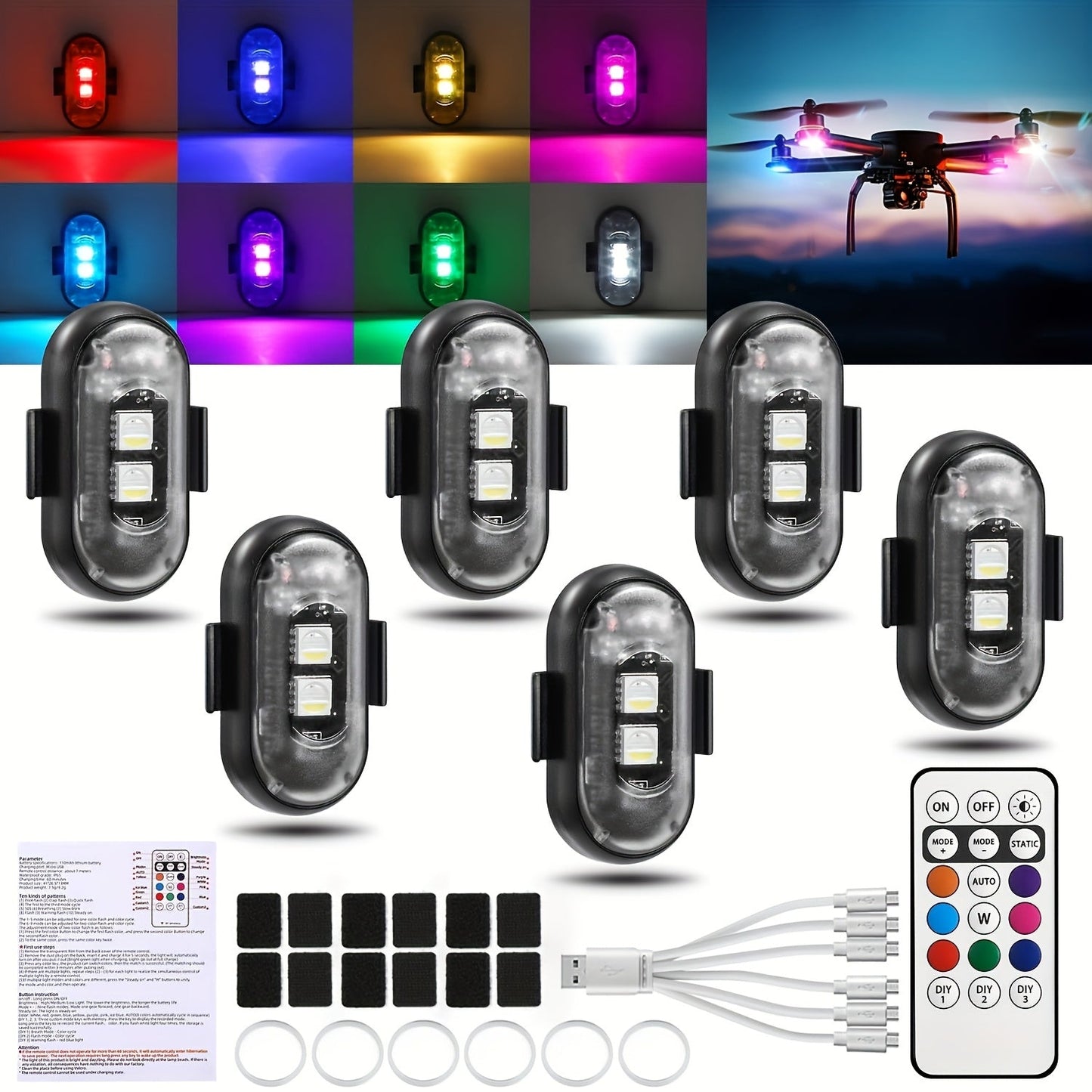 Wireless LED Strobe Warning Lights 6-Pack 8 Colors USB Charging IP65 Waterproof Anti-Collision Safety Light for Car Interior Truck