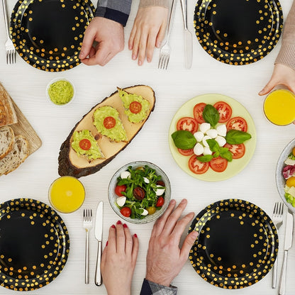Disposable Party Supplies Set 150 Piece Black and Gold – Paper Plates, Napkins & Forks for 50 Guests, Elegant Tableware for Birthday
