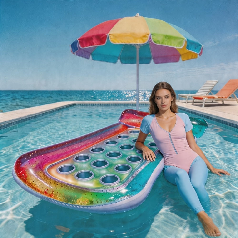 Rectangular Inflatable Pool Bed with Raised Pillow, Round Vent Holes and Rainbow or Mermaid Designs