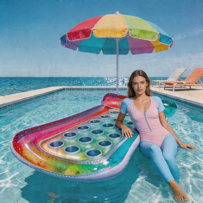 Rectangular Inflatable Pool Bed with Raised Pillow, Round Vent Holes and Rainbow or Mermaid Designs