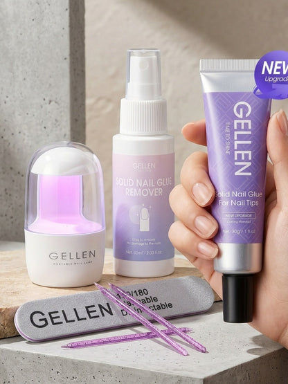 Press-On Nail Glue Gel Kit 30g with UV Lamp – Strong Long-Lasting Solid Nail Glue, 60ml Remover & Buffer for False Nails