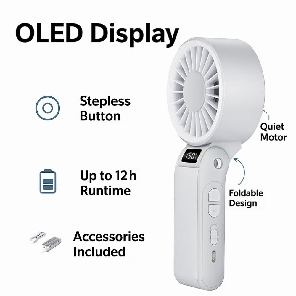 Handheld Fan USB-C Rechargeable 150-Speed Stepless Adjustable Turbo Fan LED Display for Home, Office and Desktop Air Circulation