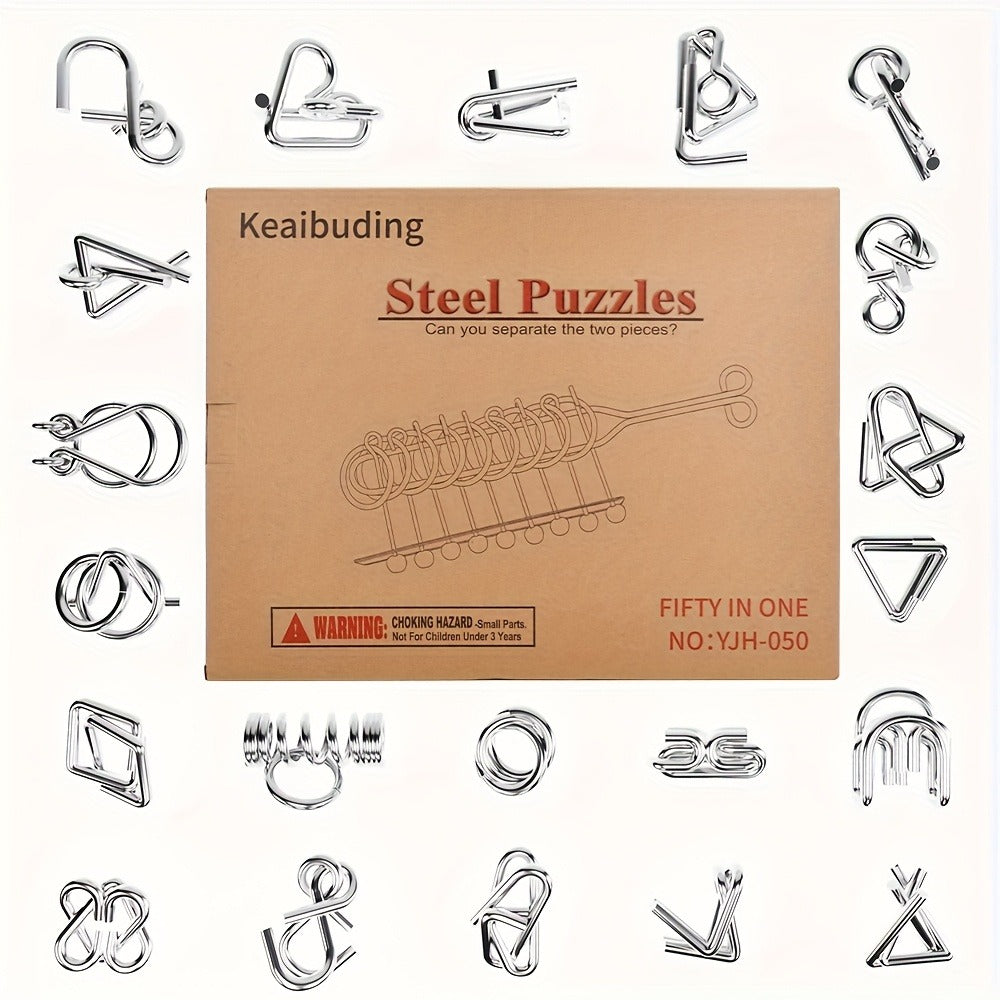 Metal Brain Teaser Puzzle Set 50 Pack, Golden Unlock Iron Chain Link Toys, Nine Rings Kongming Lock