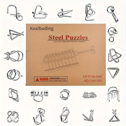 Metal Brain Teaser Puzzle Set 50 Pack, Golden Unlock Iron Chain Link Toys, Nine Rings Kongming Lock