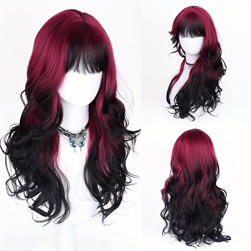 Long Curly Wig Black Red Highlights 28 Inch Wavy Synthetic Rose Net Cap Glamorous Voluminous Hair for Women Cosplay Party Halloween Daily