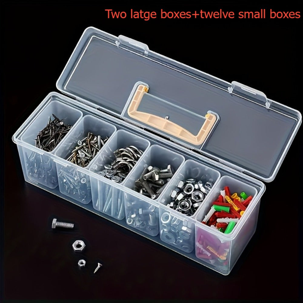 14-Piece Clear Parts Storage Organizer Set with Two Large Handled Boxes and 12 Small Divider Boxes