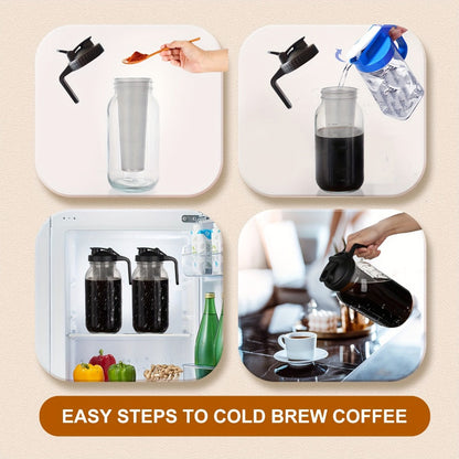 Cold Brew Coffee Maker with Stainless Steel Filter & Cleaning Brush – Large Capacity Glass Mason Jar Pitcher for Home, Kitchen