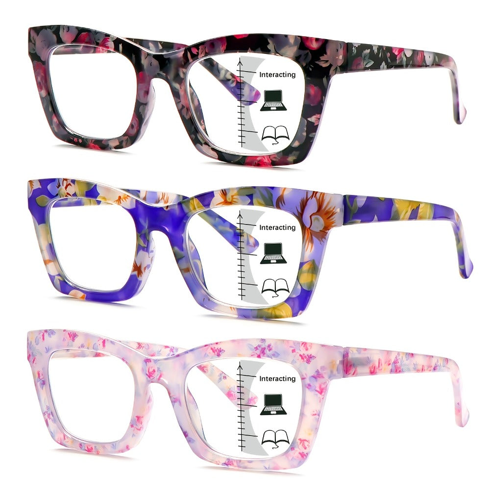 Reading Glasses – Three-Pair Square Reader Set with Spring Hinges, Cloths and Bags with Multiple Strength and Color Options