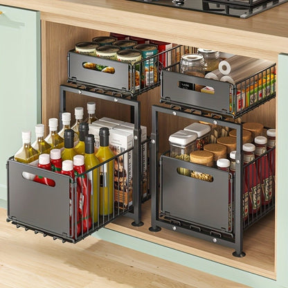 Under Sink Organizer 2-Tier Pull Out – Adjustable Height Carbon Steel Cabinet Storage Shelf for Kitchen and Bathroom