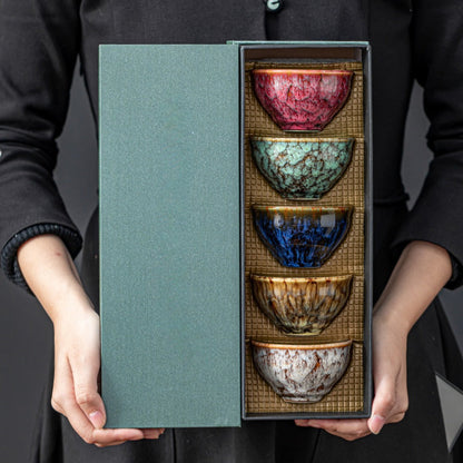 Jianzhan Ceramic Tea Cups Set of 5, Handmade Kiln-Changed Glazed Kung Fu Teacups, Traditional Chinese Porcelain