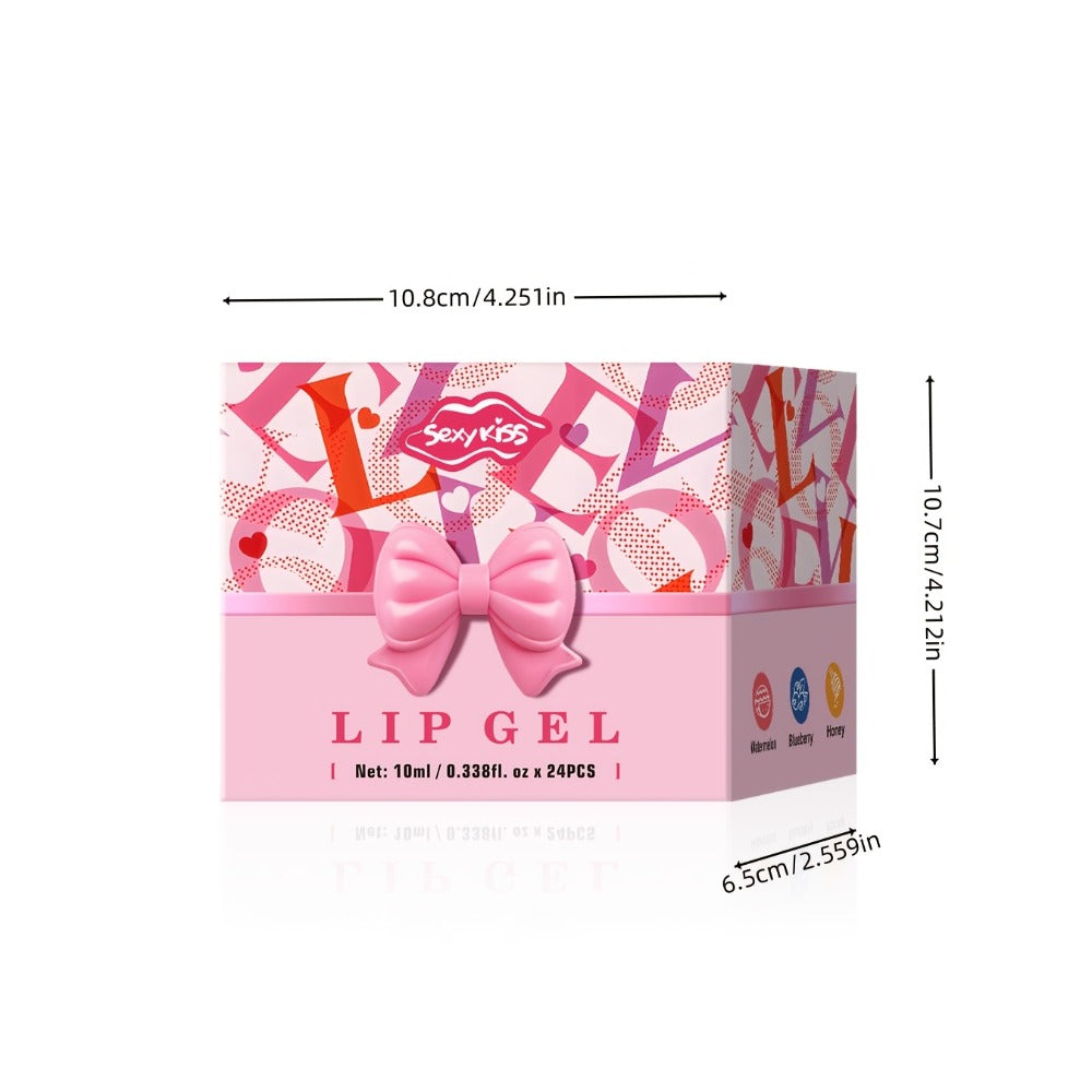 Lip Balm 24-Piece Glossy Lip Gel Collection with Assorted Fruit Labels and Pink Gift Box Packaging