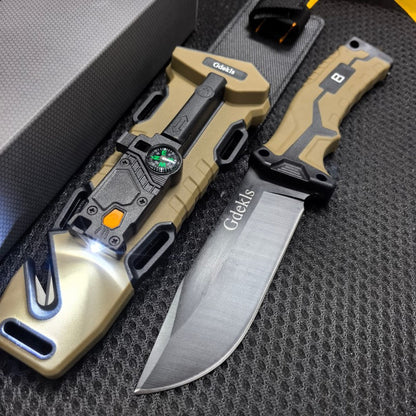 Fixed Blade Outdoor Camping Knife 9.64 Inch Stainless Steel, Survival Hunting Knife with Flint Fire Starter Night Light Sharpener Safety