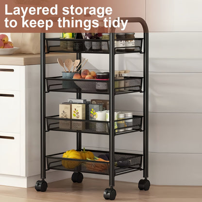 Rolling Storage Cart on Wheels – 3/4/5 Tier Carbon Steel Wire Basket Trolley, Black Metal Utility Cart for Kitchen, Bathroom, Bedroom
