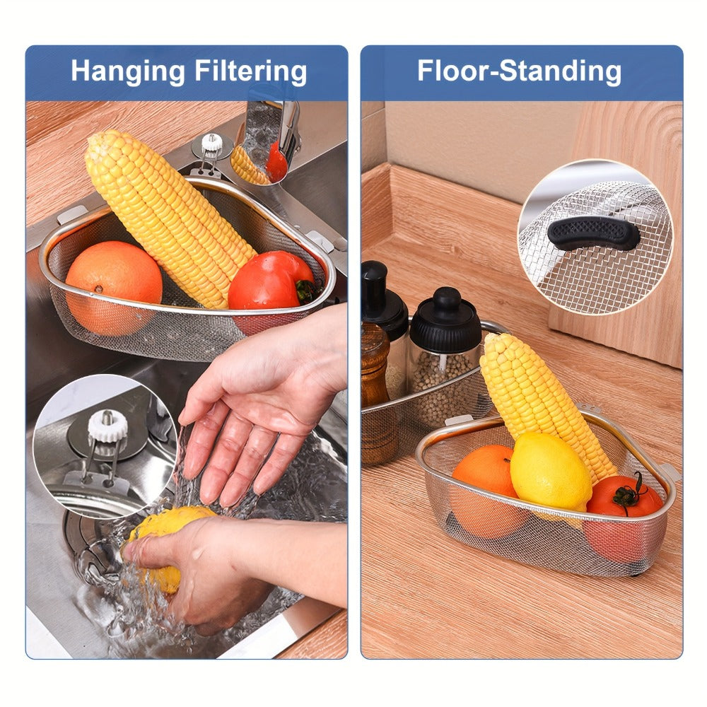 Stainless Steel Sink Strainer Basket 304 Grade Triangular Space-Saving Design, Dual-Use Stand & Hang