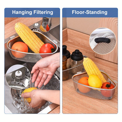Stainless Steel Sink Strainer Basket 304 Grade Triangular Space-Saving Design, Dual-Use Stand & Hang
