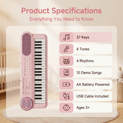 Kids Electronic Keyboard Piano 37 Keys with Microphone, Multi-Function Musical Instrument Toy for Children