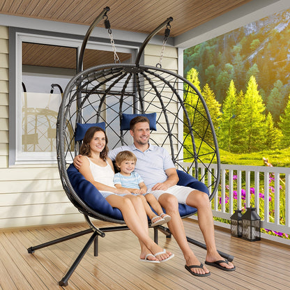 Outdoor Egg Chair with Stand Rattan Wicker Hanging Swing Hammock Chair Thickened Aluminum Frame UV-Resistant Cushion 350LBS Capacity Patio
