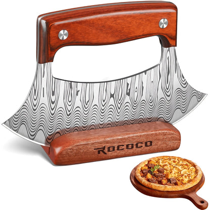 Hand-Forged Ulu Knife Rocker Blade High Carbon Steel Full Tang Rosewood Handle with Leather Sheath & Gift Box