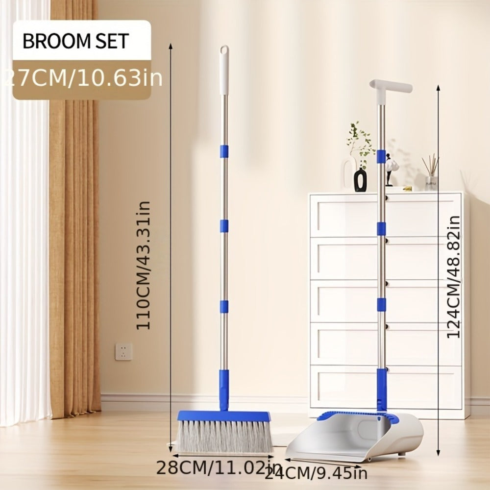 Folding Broom and Dustpan Set with Sectioned Handle, Rotating Head and Nine Blue, Orange or Khaki Checkout Options