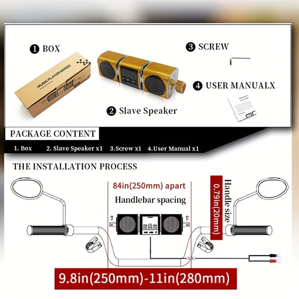 Motorcycle Bluetooth Speaker Sound Bar with Built-in Amplifier – IPX5 Waterproof, FM Radio, USB & AUX Input