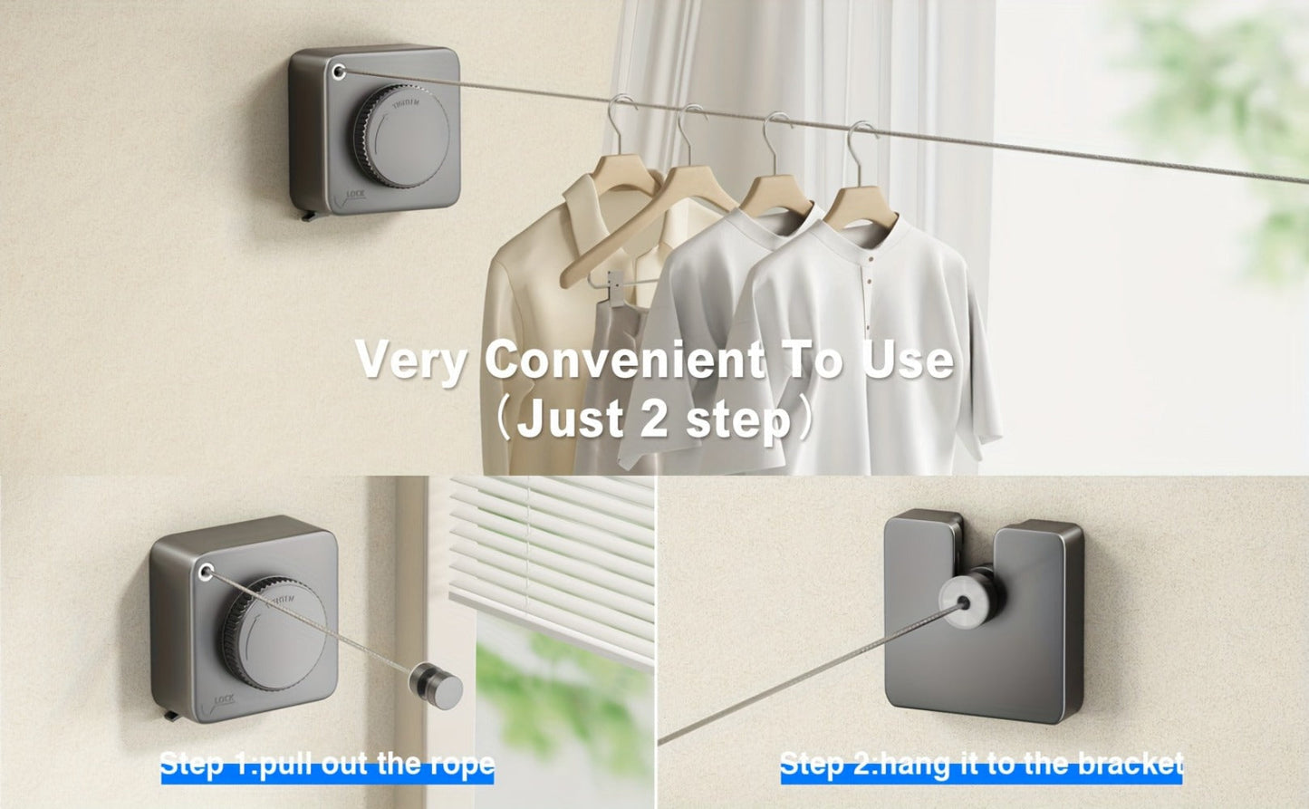 Retractable Clothesline Wall Mounted Stainless Steel Non-Sagging Indoor Outdoor Laundry Drying Line 15.1 Ft