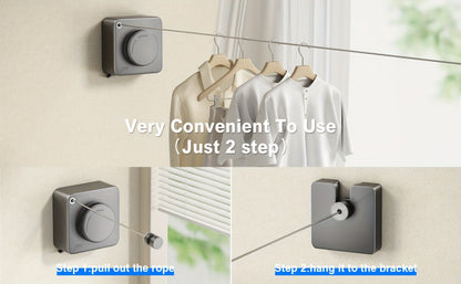Retractable Clothesline Wall Mounted Stainless Steel Non-Sagging Indoor Outdoor Laundry Drying Line 15.1 Ft