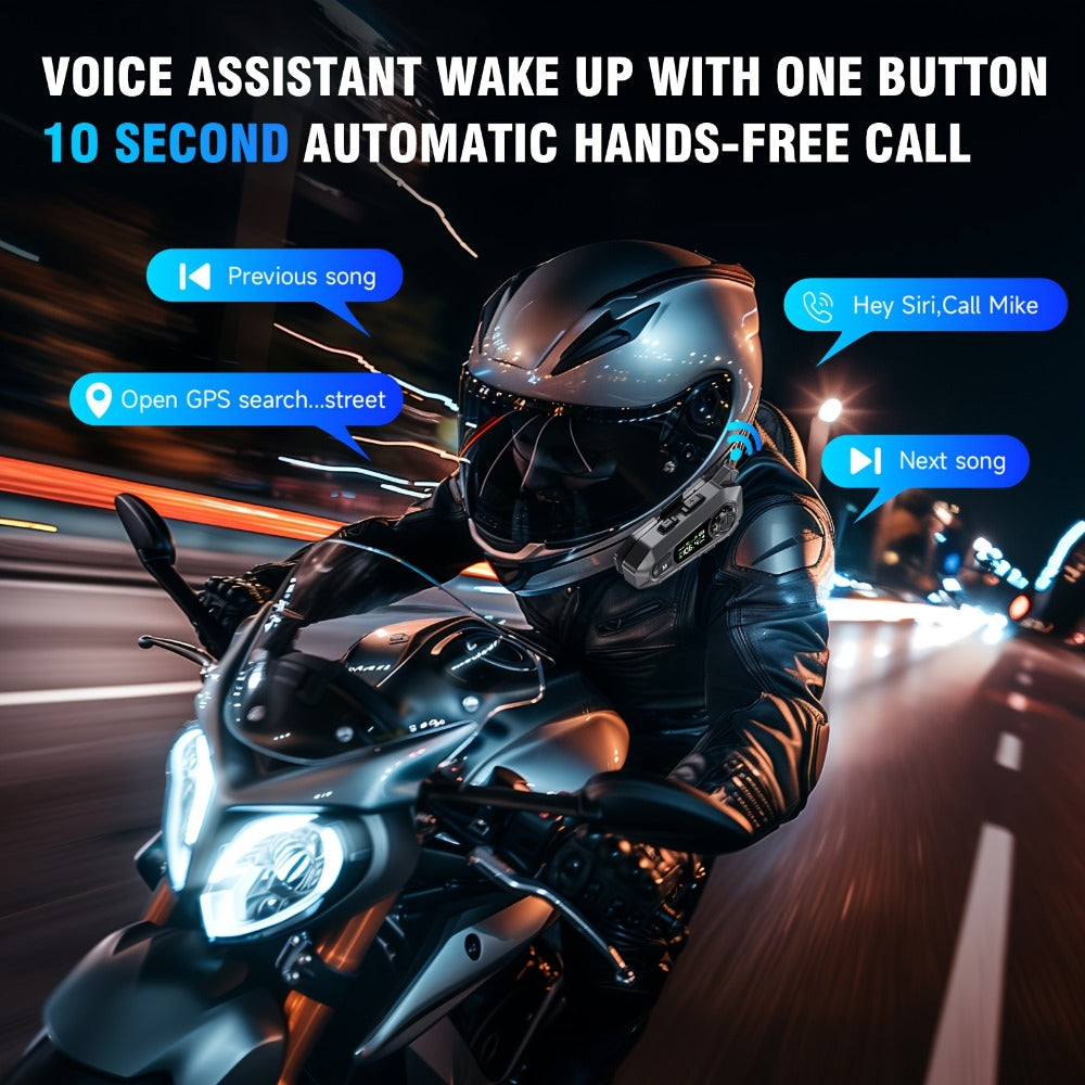 Motorcycle Helmet Bluetooth Intercom Headset 500M Range Bluetooth 5.3 LED Display Noise Cancelling Voice Control FM Radio Music Sharing