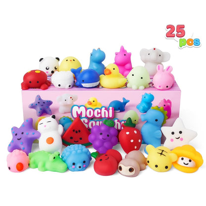 25-Piece Mini Mochi-Style Squishy Toy Set with Assorted Animal and Fruit Shapes from 1 to 1.38 Inches