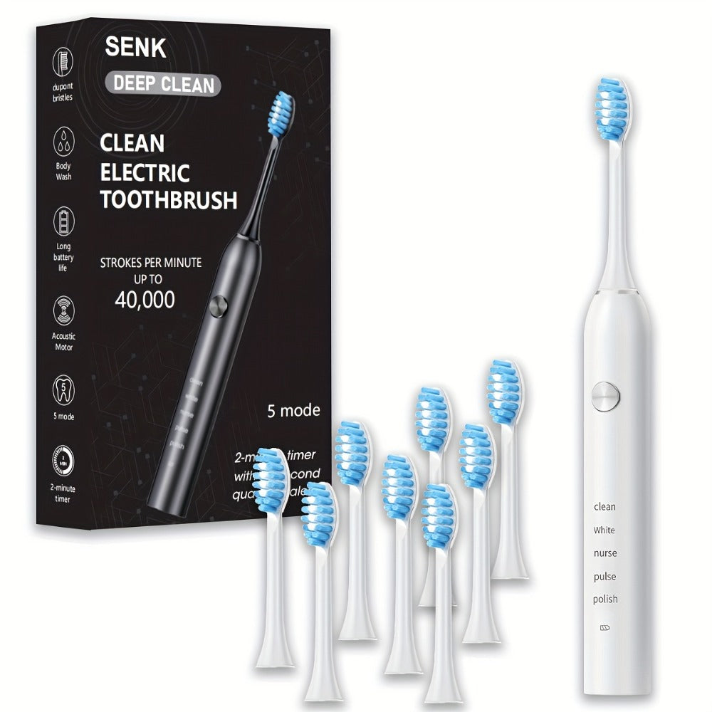 Electric Toothbrush with Five Modes, 40, 000 Vibrations per Minute, Type-C Charging and Four or Eight Heads