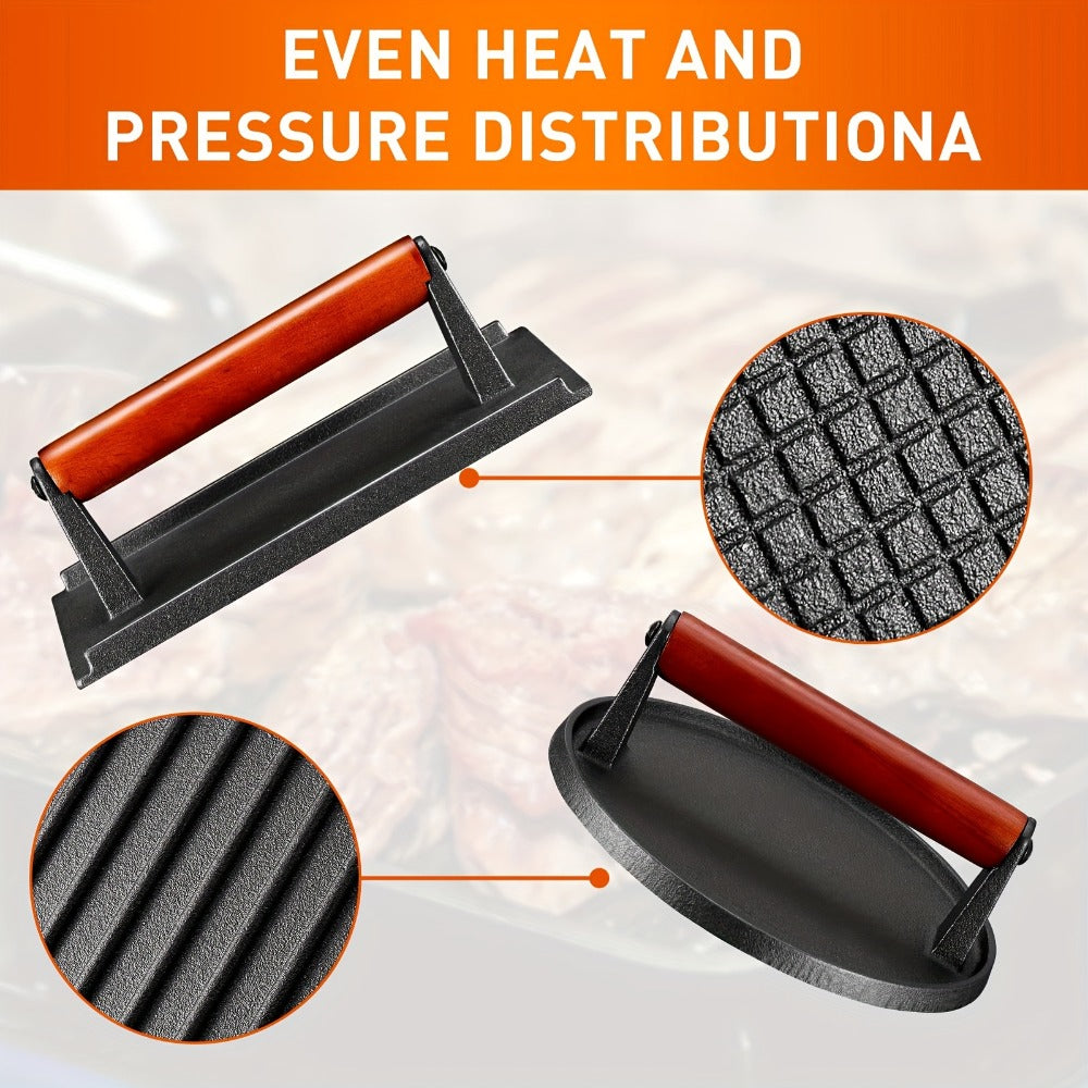 Cast Iron Burger Press Kit 2pcs – Round & Rectangular Meat Press with Wooden Handle for Smash Burgers