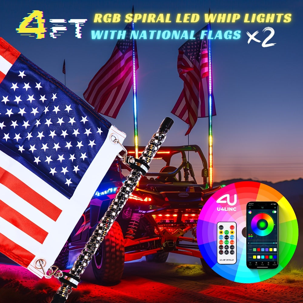RGB LED Whip Lights for UTV ATV – 1ft/2ft/3ft/4ft Spiral Color Changing Neon Light Whips with Remote & App Control, Music Sync