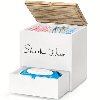 Tampon & Pad Organizer Box with Lid – Wooden Bathroom Storage Bin with Drawer, 3-Compartment Feminine Products Caddy