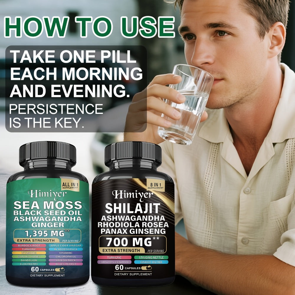 Sea Moss 7000mg & Shilajit Supplement Bundle, Black Seed Oil 4000mg, Ashwagandha 2000mg, Panax Ginseng 1500mg