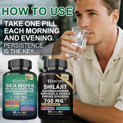 Sea Moss 7000mg & Shilajit Supplement Bundle, Black Seed Oil 4000mg, Ashwagandha 2000mg, Panax Ginseng 1500mg