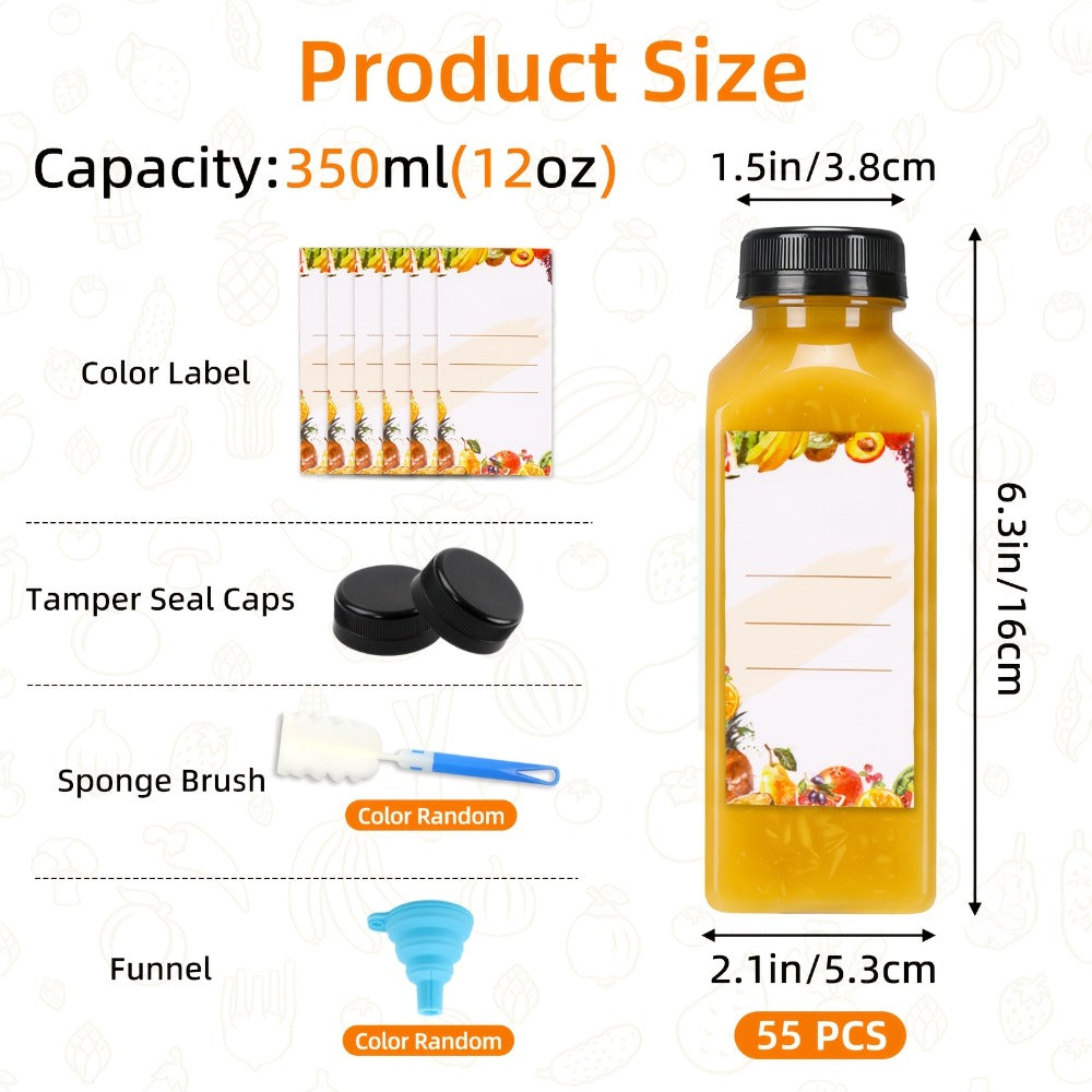 Reusable Juice Bottles 55pcs 12oz Bulk Clear Plastic Bottles with Caps Labels Funnel & Brush for Entryways, Bedrooms and Living Spaces