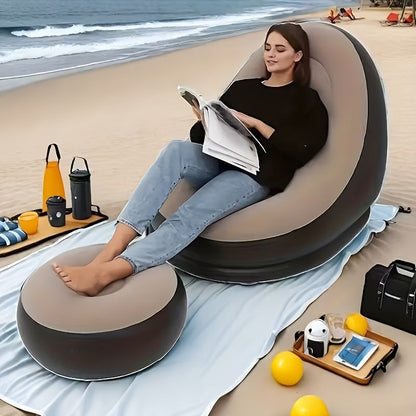 Inflatable Recliner Sofa with Footstool Set – Heavy Duty Portable Folding Air Couch with Plush Fabric & Pump Included