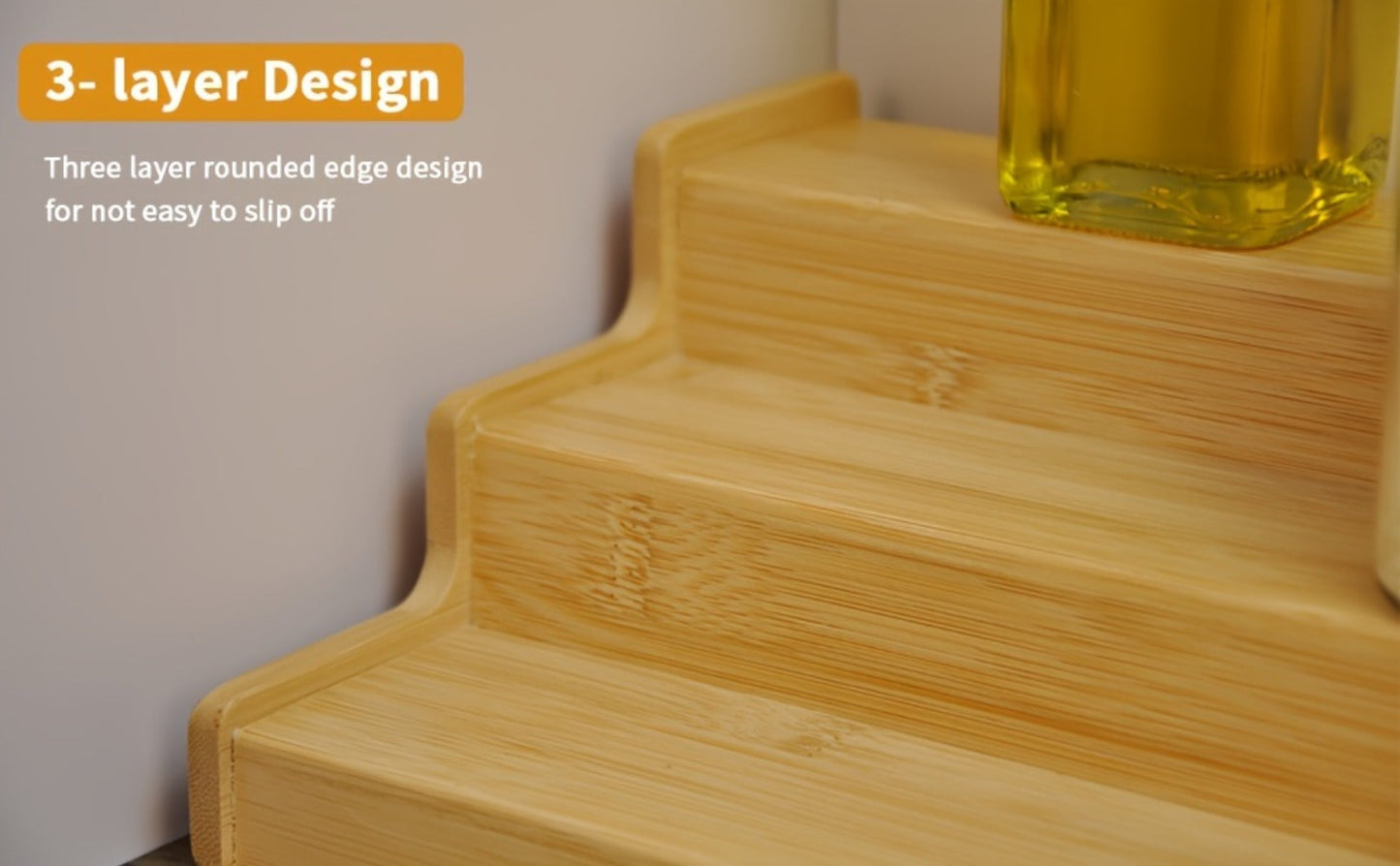 Expandable Bamboo Spice Rack with Three Stepped Tiers, 9.5-15.7-Inch Width and One- or Two-Piece Options