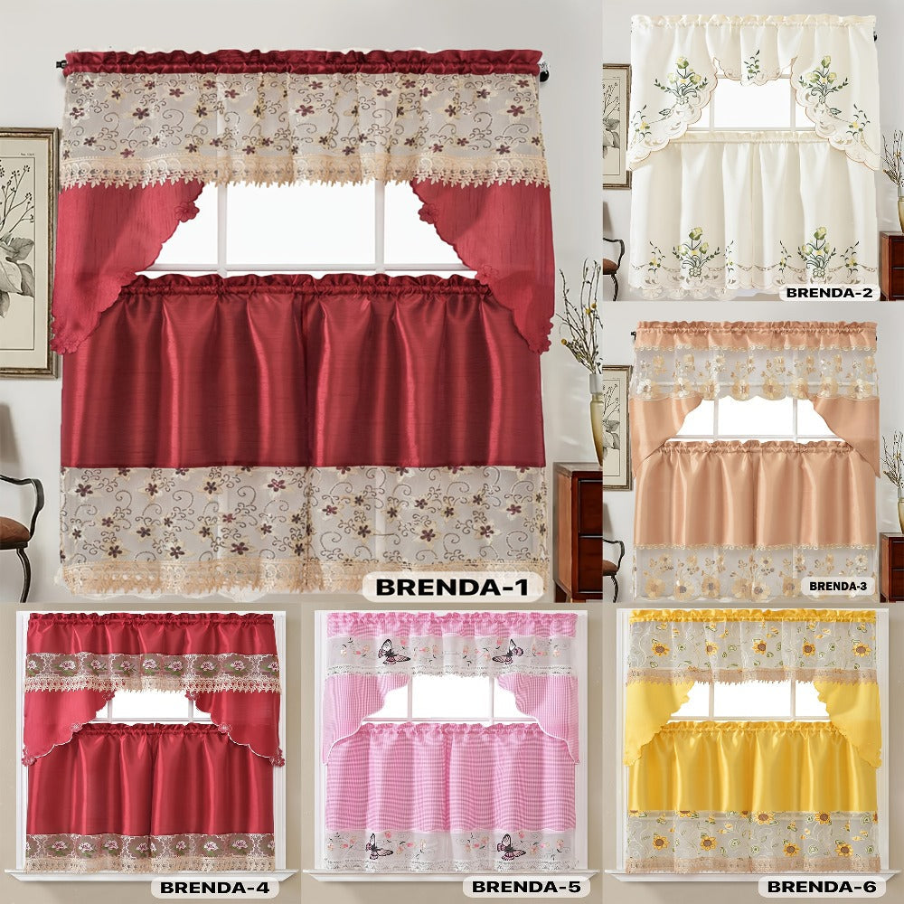 Kitchen Curtains 3 Piece Set Embroidered Satin Valance and Tiers – Rod Pocket Light Filtering Machine Washable 46 Colors