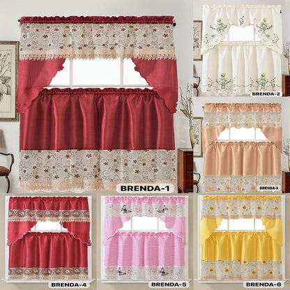 Kitchen Curtains 3 Piece Set Embroidered Satin Valance and Tiers – Rod Pocket Light Filtering Machine Washable 46 Colors