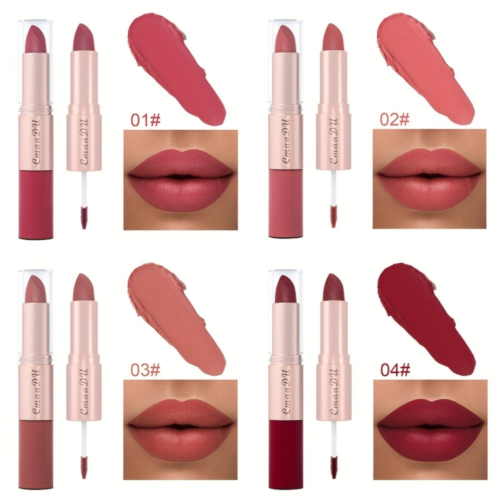 Dual-Ended Matte Lipstick & Lip Gloss Set 4pcs, 2-in-1 Velvety Lip Color, Non-Drying Comfortable Formula
