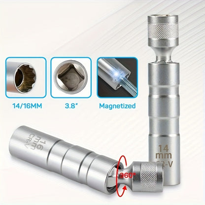 Magnetic Spark Plug Socket Set 14mm 16mm Universal 1/2 Inch Drive Alloy Steel Spark Plug Removal Tool with 3/8 Inch Drive Ratchet Wrench