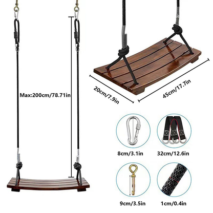 Solid Wood Outdoor Swing Seat 440LBS Capacity Adjustable Rope Length Single Seat Tree Swing for Kids Adults Backyard Garden Patio Hanging